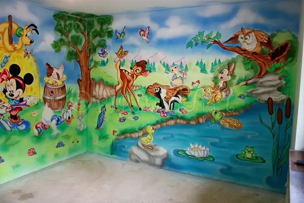 Pictură murală cameră bebeluși cu Bamby și Thumper în pădure